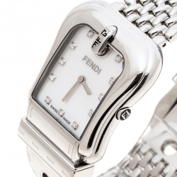 Pre Owned Fendi White Mother of Pearl Stainless Steel And Diamond B. Fendi 3800G Women's Wristwatch 33mm