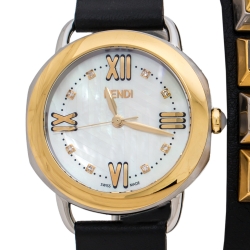 Fendi Mother of Pearl Two-Tone Stainless Steel Studded Leather Selleria 80200M Women's Wristwatch 36 mm