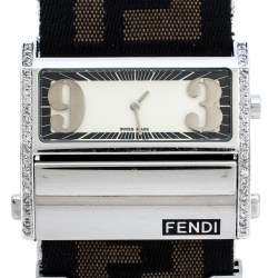Fendi Cream Stainless Steel Canvas Diamond Zip Code 1120G Women's Wristwatch 46MM
