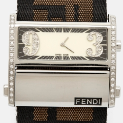 مملوكة مسبقًا Fendi Cream Stainless Steel Canvas Diamond Zip Code 1120G Women's Wristwatch 46 mm