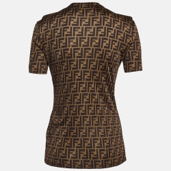 Fendace Brown Crystals Embellished Monogram Jersey T-Shirt XS