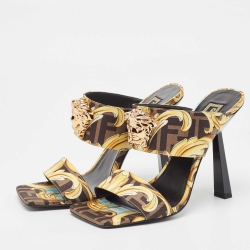Fendi x Versace Brown/Yellow Baroque Zucca Canvas Medusa Slide Sandals Size 38.5