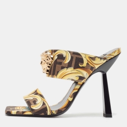 Fendi x Versace Brown/Yellow Baroque Zucca Canvas Medusa Slide Sandals Size 38.5