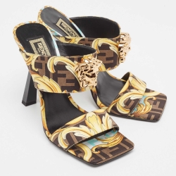 Fendi x Versace Brown/Yellow Baroque Zucca Canvas Medusa Slide Sandals Size 38.5
