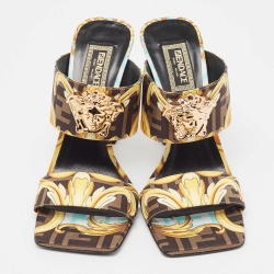 Fendi x Versace Brown/Yellow Baroque Zucca Canvas Medusa Slide Sandals Size 38.5