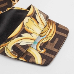 Fendi x Versace Brown/Yellow Baroque Zucca Canvas Medusa Slide Sandals Size 38.5