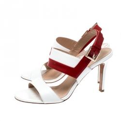 Pre Owned Fratelli Rossetti White/Red Leather Open Toe Buckle Slingback Sandals Size 38.5