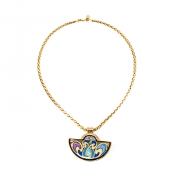 Pre Owned Frey Wille Hommage À Alphonse Mucha Fire Enamel Gold Plated Half Moon Pendant Necklace