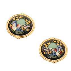 Frey Wille Bird Motif Green Enamel Gold Plated Clip-on Stud Earrings