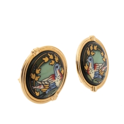 Frey Wille Bird Motif Green Enamel Gold Plated Clip-on Stud Earrings