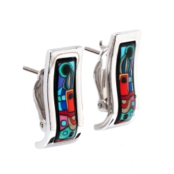 Pre Owned Frey Wille Hundertwasser Street River Fire Enamel Palladium Plated Wave Earrings