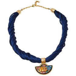 Pre Owned Frey Wille Hommage à Hundertwasser Street Rivers Fire Enamel Gold Plated Half Moon Pendant Necklace