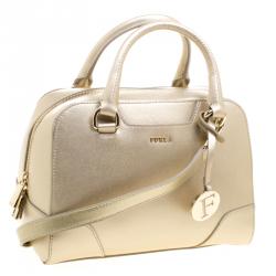 Pre Owned Furla Gold Saffiano Leather Dolly Boston Bag