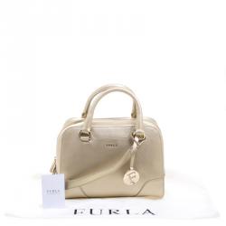 Pre Owned Furla Gold Saffiano Leather Dolly Boston Bag