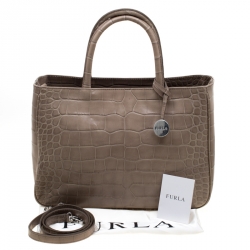 Pre Owned Furla Grey Croc Embossed Leather Practica Tote