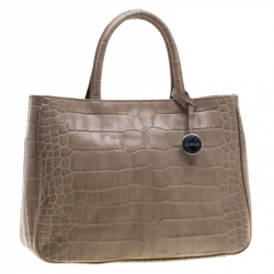 Pre Owned Furla Grey Croc Embossed Leather Practica Tote