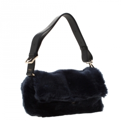 Pre Owned Furla Dark Blue Fur Caos Medium Shoulder Bag