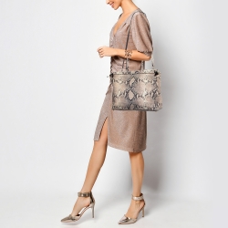 Pre Owned Furla Beige/Black Python Embossed Leather Top Zip Tote