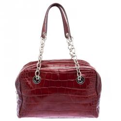 Pre Owned Furla Red Croc Embossed Leather Bowling Bag
