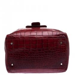 Pre Owned Furla Red Croc Embossed Leather Bowling Bag
