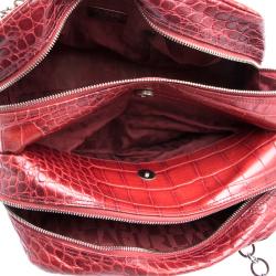 Pre Owned Furla Red Croc Embossed Leather Bowling Bag