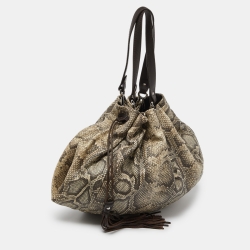 Pre Owned Furla Grey/Brown Python Embossed and Leather Tassel Tote