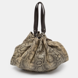 Pre Owned Furla Grey/Brown Python Embossed and Leather Tassel Tote