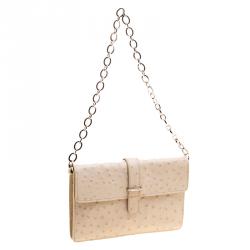 Pre Owned Furla Beige Ostrich Embossed Leather Chain Clutch