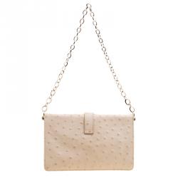 Pre Owned Furla Beige Ostrich Embossed Leather Chain Clutch