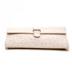Pre Owned Furla Beige Ostrich Embossed Leather Chain Clutch