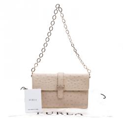 Pre Owned Furla Beige Ostrich Embossed Leather Chain Clutch