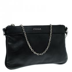 Pre Owned Furla Black Leather Chain Clutch