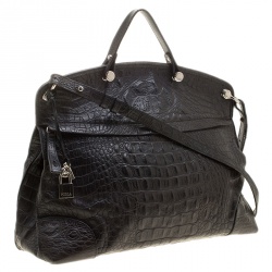 Pre Owned Furla Black Croc Embossed Leather Large Piper Dome Satchel