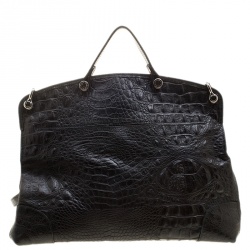Pre Owned Furla Black Croc Embossed Leather Large Piper Dome Satchel