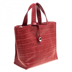 Pre Owned Furla Red Croc Embossed Leather Divide It Tote