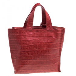 Pre Owned Furla Red Croc Embossed Leather Divide It Tote