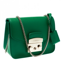 Pre Owned Furla Green Leather Metropolis Chain Crossbody Bag