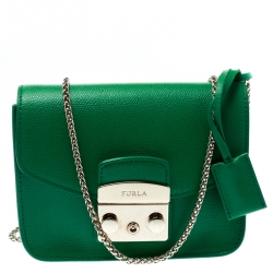 Pre Owned Furla Green Leather Metropolis Chain Crossbody Bag