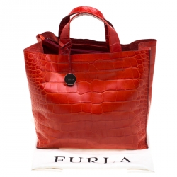 Pre Owned Furla Red Croc Embossed Leather Divide It Tote