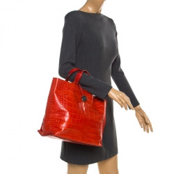 Pre Owned Furla Red Croc Embossed Leather Divide It Tote