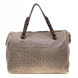 Pre Owned Furla Grey/Brown Ostrich Embossed Leather Satchel