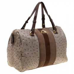 Pre Owned Furla Grey/Brown Ostrich Embossed Leather Satchel