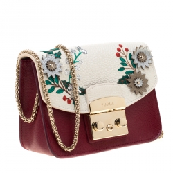Pre Owned Furla Red/White Flower Embroidered Leather Mini Metropolis Crossbody Bag