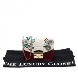 Pre Owned Furla Red/White Flower Embroidered Leather Mini Metropolis Crossbody Bag