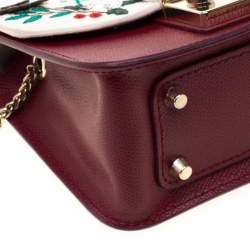 Pre Owned Furla Red/White Flower Embroidered Leather Mini Metropolis Crossbody Bag