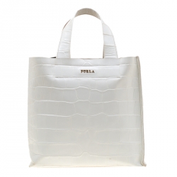 Pre Owned Furla White Croc Embossed Leather Divide It Tote