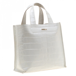 Pre Owned Furla White Croc Embossed Leather Divide It Tote