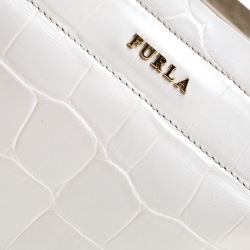 Pre Owned Furla White Croc Embossed Leather Divide It Tote