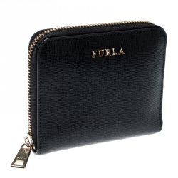 Pre Owned Furla Black Leather Babylon Zip Around Compact Wallet