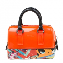Pre Owned Furla Orange/Multicolor Rubber and Printed Leather Mini Candy Cookie Graffiti Satchel